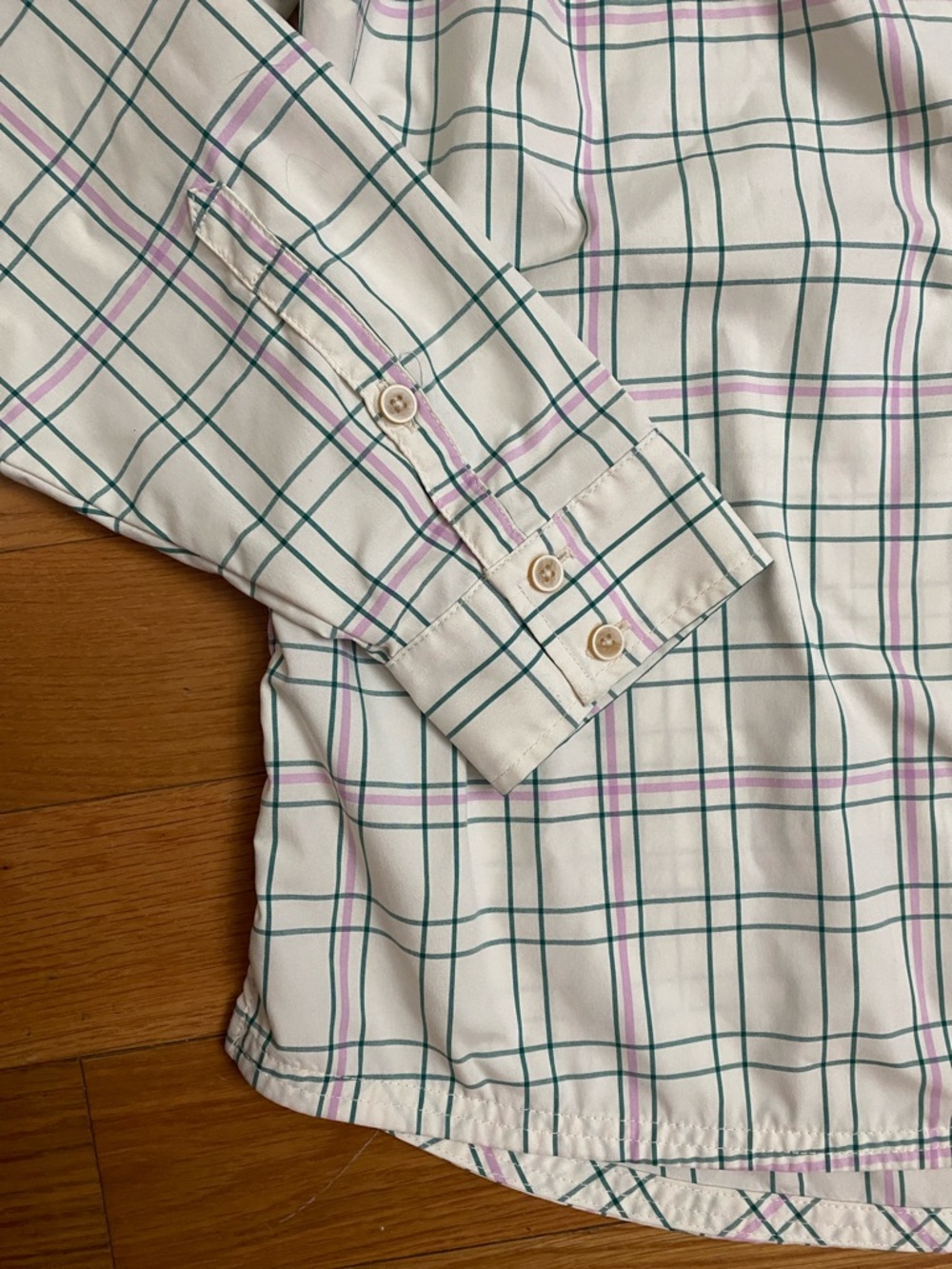 L.L. Bean Cream Plaid Button-Down Shirt with Green and Purple Lines - Picture 5 of 9